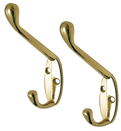 5 x Polished Brass Metal Double Hat & Coat Hooks, Door & Wall Robe Dress Hangers