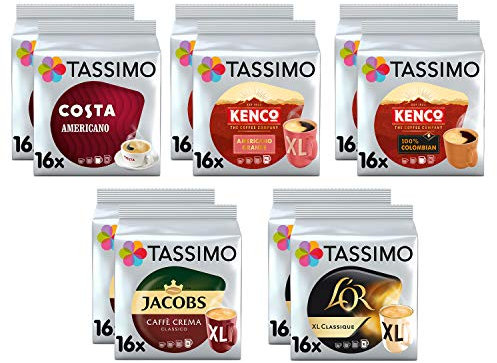 Tassimo Black Coffee Pods Bundle - Costa Americano, Kenco Pure Colombian/Americano Grande, L'Or Classique XL, Jacobs Caffe Crema Classico XL pods - Pack of 10 (160 Servings)