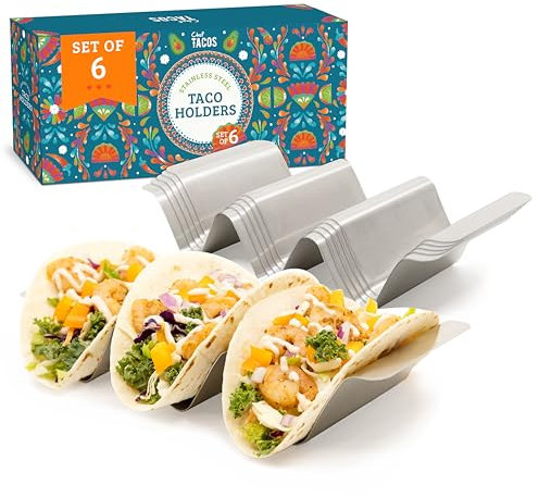 Chef Tacos - Support Tacos en Acier Inoxydable - Lot de 6 Supports à Tacos pour Cuisine de Tacos, Tortilla, Burritos, Hot Dogs - Porte-tacos avec Poignées Pratique, Passe au four et Micro-onde