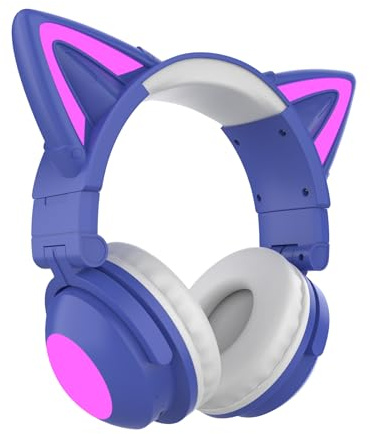 Cat Ear Bluetooth Headset, Trådlösa Hopfällbara Hörlurar med 7 LED-ljuseffekter, Over Ear Cute Gaming Headset Inbyggd Mikrofon för Smartphones, Surfplattor, Datorer, Bärbara Datorer(Lila)