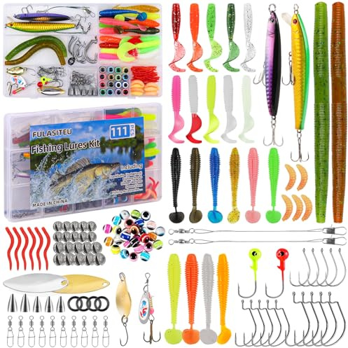 WIURGOHA Kit de 111 señuelos de pesca con caja de aparejos para lubina, trucha, salmón y más, kit de aparejos de cebo de agua dulce incluido, cebos, ganchos de cuchara y accesorios, juego de señuelos