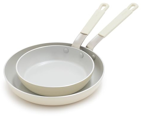 Greenpan x Bobby Flay 2 Piece- 8” and 10” Nonstick Frying Pan Skillet Set, PFAS-Free Diamond Ceramic, Induction Suitable, Stay-Cool Silicone Handle, Easy Clean Dishwasher & Oven Safe, Cream