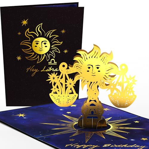 Lovepop® Carte d'anniversaire pop-up 3D avec signe du zodiaque Balance - Effets dorés de qualité supérieure - Compartiment pour argent et bons - Enveloppe de qualité supérieure