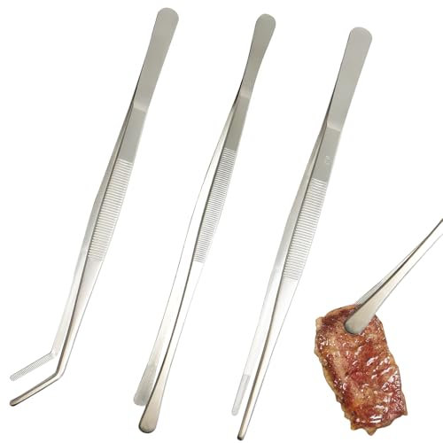 BORISCA 3 Pezzi 30cm Pinze Cucina Professionali, Barbecue Pinzette da Cucina Curve, Pinza Lunga Cucina Rotonda, Pinze da Cucina Inox Dritto, Acciaio Inossidabile Pinze Chef per Spaghetti, Barbecue
