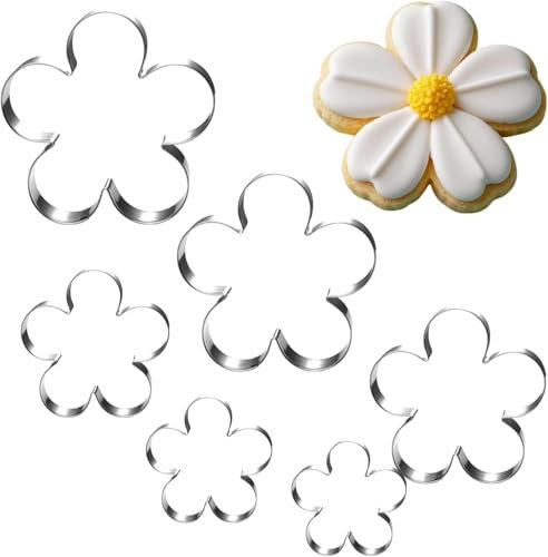 UKoosien Lot de 6 emporte-pièces en forme de fleur - 10,2 cm, 9 cm, 7,6 cm, 6,4 cm, 4,5 cm, 2,4 cm - Passe au lave-vaisselle - Fleur avec cinq pétales - Emporte-pièce à biscuits - Essentiels