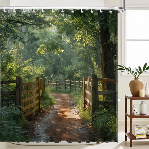 Avezano Forest Shower Curtain Garden Wooden Fence Enchanted Forest Scene Bathroom Shower Curtain Spring Green Tree Waterproof Fabric Shower Curtains Bathtub Decor with 12 Hooks 72 X 72 Inch