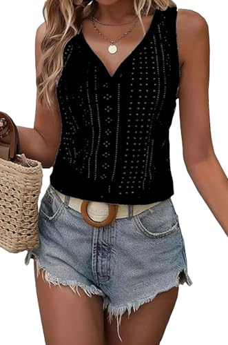 Qskall Womens Eyelet Embroidery Tank Tops Loose Fit Sleeveless V Neck Tee Casual Summer Cami T Shirts Black