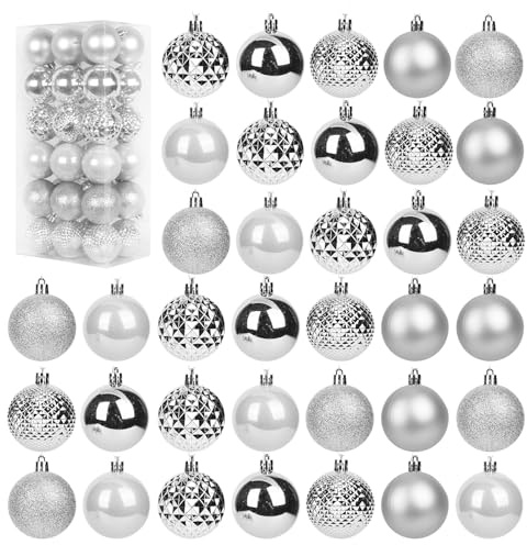 36Pcs Christmas Baubles Set, Silver Christmas Tree Decorations, Shatterproof Xmas Balls and Ornaments for Hanging, Festive Holiday Home Decor, Classic Christmas Decorations Set for Xmas Tree