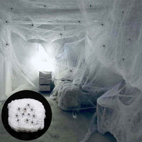 1000 sqft Halloween Spider Web Decorations with 50 Extra Fake Spiders, Super Stretch Cobwebs for Halloween Indoor and Outdoor Haunted Garde House Window Decor Party Supplies