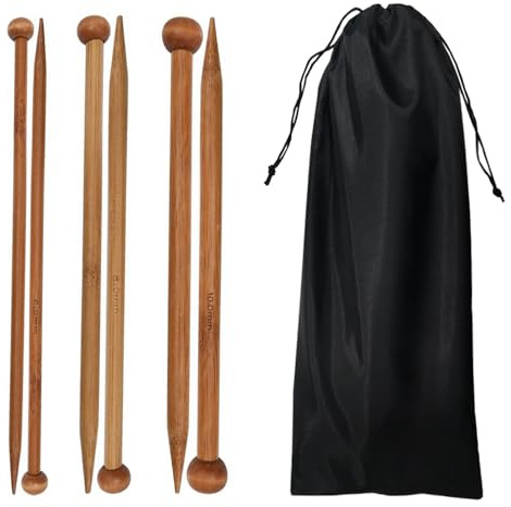 6 Pcs Bamboo Knitting Needles Set with Drawstring Bag, 6mm, 8mm, 10mm Single Pointed Wooden Knitting Needles 25cm for Beginners, Kids, DIY Handmade Scarves, Sweaters, and Blankets