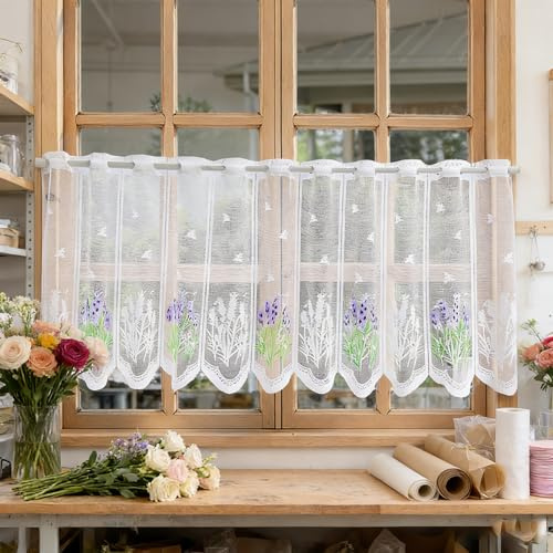 Wnzdp 1PC Cafe Curtains, Kitchen Curtains for Windows with Lavender Lace Design, Short Curtain for Kitchen Bathroom Cupboard Basement, Rod Pocket, 153 x 48 cm