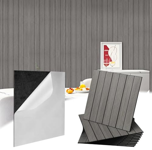 Pannelli da parete autoadesivi, effetto listelli in legno, 30 x 30 cm, 12 pezzi, piastrelle adesive per cucina, pannelli da parete in PVC, piastrelle autoadesive per pareti della cucina (grigio)