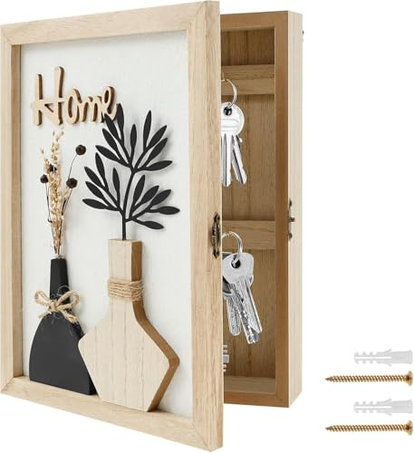 Zodazoqa Wall Mounted Key Cabinet Wooden Key Storage Box with 6 Hooks | key cupboard wall mounted, key box indoor,Decorative Vintage Keys Cupboard Indoor for Home Office Entryway 20x27cm