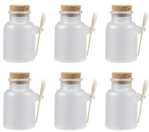 FRCOLOR Lot de 6 Sets de Pots à Poudre Cosmétiques 100 G Cuillère en Bois et Couvercle en Liège, Flacons de Sels de Bain Hermétiques Réutilisables pour Accessoires Salle de Bain et Masque