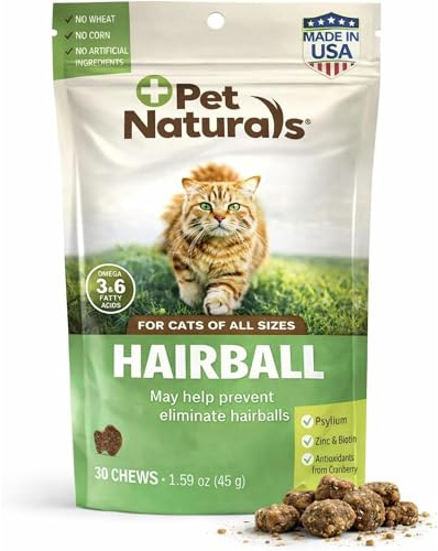 Pet Naturals Hairball Relief for Cats, 30 Chicken Liver Flavored Soft Chews, Hairball Treatment with Psyllium, Omega 3 & 6, Zinc and Biotin, Supports Digestion & Skin Coat, No Corn or Wheat
