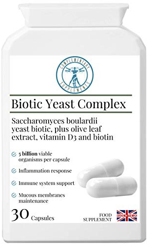 Complementary Supplements - Biotic Yeast Complex – Saccharomyces Boulardii 5 Billion CFU for Travel, Post-Antibiotic & Yeast Balance Support with Olive Leaf, Vitamin D & Biotin – 30 Vegan Capsules