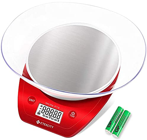 Etekcity 0.1g Food Kitchen Scale, Bowl, Digital Grams and Ounces for Weight Loss, Dieting, Baking, Cooking, and Meal Prep, 11lb/5kg, Stainless Steel Red