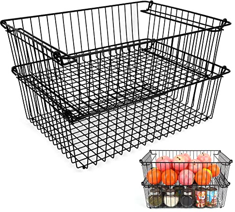 Set of 2 Stackable XXL Wire Baskets For Pantry Storage and Organization -16x12in Large Metal Food Baskets -Vegetable,Fruit,Potato,Onio, Pantry Storage Bins With Handles (Black, XXL)