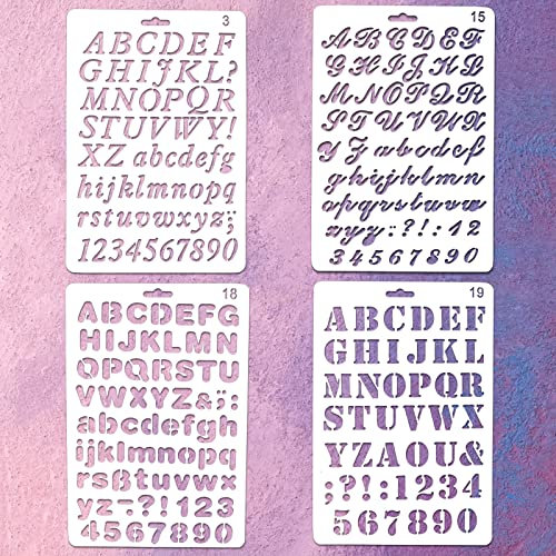 Buchstaben Schablone,4 Stück Kunststoff DIY Brandmalerei Vorlagen Vintagec Shablonen Dekorative Buchstaben Aufkleber Alphabet Bullet Journal Schablonen für Notebook Scrapbooking Kunsthandwerk