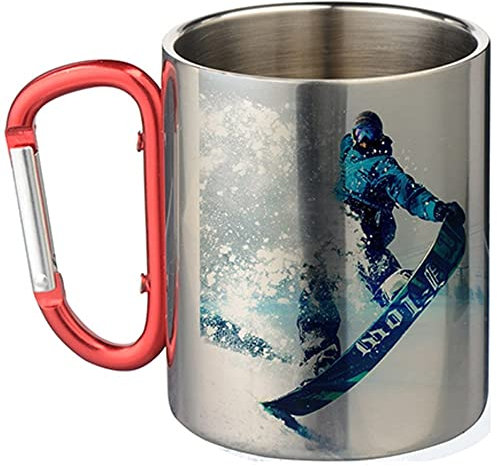 Ocadeau Tasse en inox anse mousqueton rouge personnalisée photo – Impression photo sur tasse argentée avec anse mousqueton – Mug mousqueton personnalisable