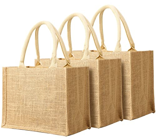 Segarty Burlap Tote Bags, 3 Pcs Small Natural Jute Reusable Gift Favors Bag with handles Blank Tote Bulk for Bridesmaid Wedding, Women Market Grocery Shopping, Bachelorette Party, Beach Trip, DIY