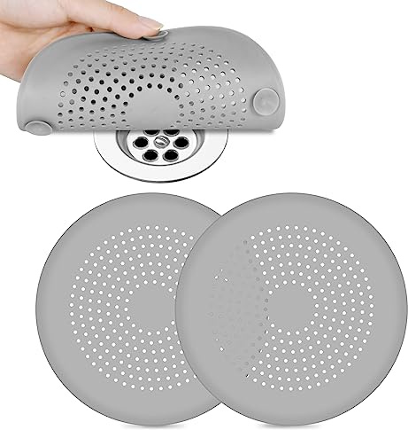 Flintronic 2PCS Coladores de Drenaje de Silicona, Cubierta de Desagüe de Ducha, Tapón de Filtro Protector de Colator de Fregadero Plegable con Ventosa Fuerte para Bañera, Baño, Cocina-Gris