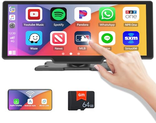 10.26 Inch Portable Car Stereo Wireless Apple Carplay Android Auto Bluetooth Car Play Screen with FM Voice Control Google Assistant 64G TF Card AUX/AV IN/USB Split Screen Function …