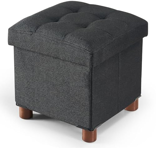 BRIAN & DANY Reposapies Salon 32x32x32.5cm, Lino Reposapies Sofa de Almacenamiento Tapizado en Esponja con Patas de Madera Maciza, Negro