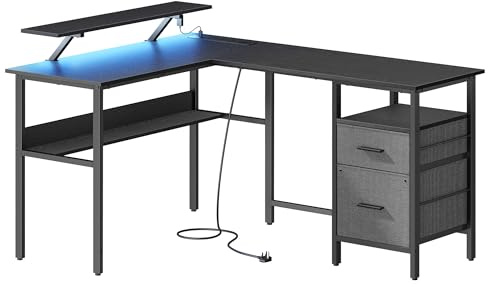 VASAGLE L-Shaped Desk with Power Outlets, Corner Desk, Computer with Monitor Shelf, Gaming with LED Lights, 2 Drawers, 2 USB Ports, Easy to Assemble, for Home Office, Ebony Black LWD095B02