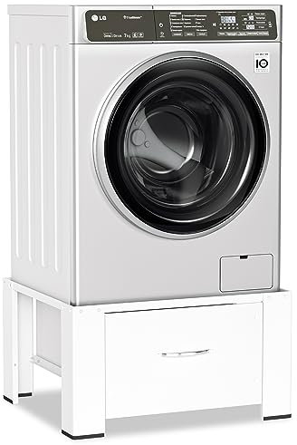 Ikodm Waschmaschinen Untergestell mit Schublade bis 150kg, waschmaschinen-erhöhung, Waschmaschinen-Unterschrank Sockel max. Stahl Podest 62.5x54.5x32.5cm Weiß