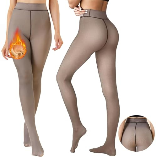 Yutdeng Collant Foderati in Pile Donna Invernali Spesso Caldo Falso Traslucido Collant Vita Alta Termici Leggings Elasticizzato Calzamaglia Pantyhose Calze Tights Morbido Pants,Marrone-Pelle,L-XL