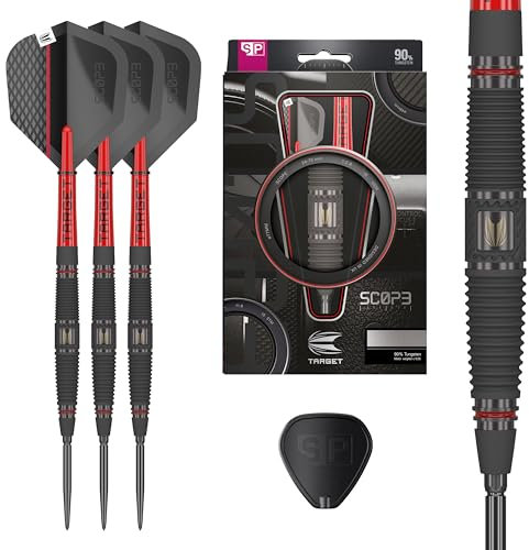 TARGET Darts Scope Steel Tip Swiss Point Darts, 90% Tungsten Dart Set, Barrel 04-22G | Steel Tip Dart Sets, Red & Black Darts, Professional Dart Set with Swiss Points & Tool