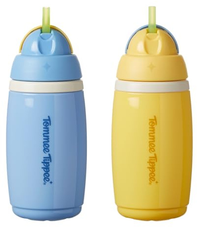 Tommee Tippee tasse Active Straw isotherme, 266 ml, Gourde anti-fuite pour nourrissons à partir de 12 mois, le couvercle articulé permet de garder la paille propre, Bleu et Jaune, lot de 2