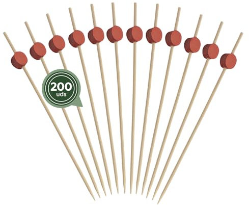 Horeca Collection Maxi Products - 200 Pinchos Bambú Decorados Circulo Rojo - 12 cm - Palillos para Aperitivos - Pinchos Degustación Catering - Palillos Cóctel, Fruta, Aperitivos - PINCHO BAMBÚ