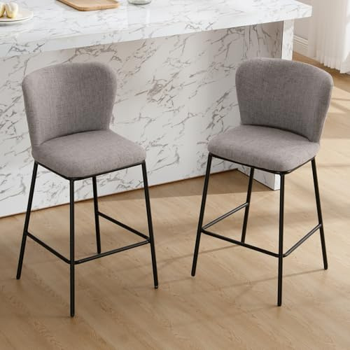 Ya-Home Juego de 2 Taburetes Altas de Cocina Moderno de Lino con Respaldo Cómodo,Sillas Altos de Bar sin Brazos Taburetes de Bar Sencillo para Hogar/Restaurante,Gris