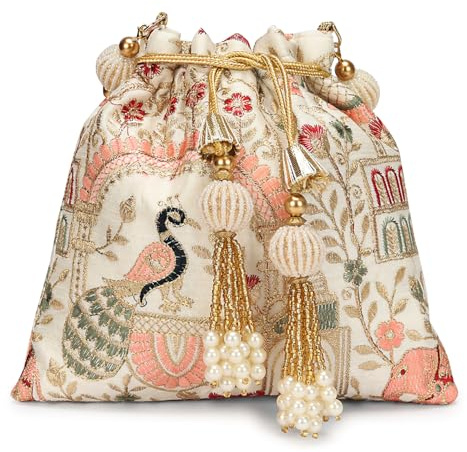 LONGING TO BUY Indian Embroidered Pearl Potli Bag For Women, Sequence Design with Tassel, Wedding Potli Bags (Cream- Peacock Design)