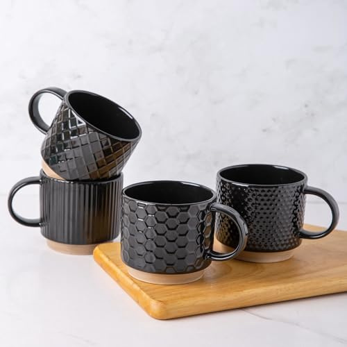 GBHOME Kaffekoppar med stapelbara set om 4 I 480 ml keramiska koppar med textur I diskmaskins- och mikrovågsugnssäker I för latta/cappuccino I modern presentidé för män/kvinnor