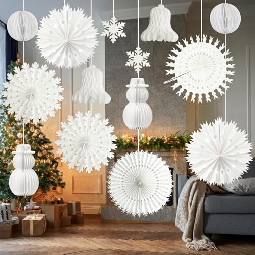 14PCS Christmas Ceiling Decorations, Christmas White Snowflake Decorations Hanging Paper Fans Honeycomb Balls Paper Snowflakes Decoration for Xmas Winter Festival New Year Home Party Decor