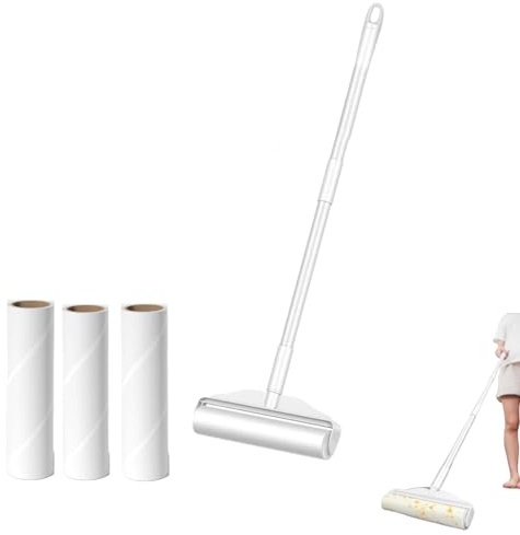 Rodillo grande de 24 cm, pelo de animales, rodillo de pelusa, mango extensible con cubierta a prueba de polvo, 3 recargas, ruedas adhesivas para suelo, alfombras, muebles, ropa y pelo de animales