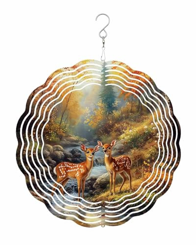 Autumn Nature Wind Spinner 12 Inch Scenery Forest Deer River Tree Rock Wind Spinners Outdoor 3D Stainless Steel Hanging Sculpture Decorations Gift for Garden Yard Porch Balcony