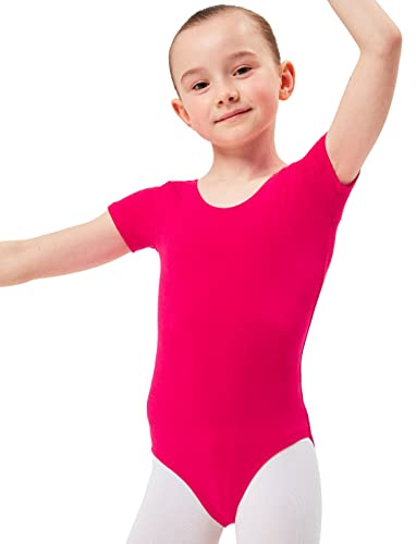 tanzmuster Ballettanzug Mädchen Kurzarm - Sally - aus weichem Baumwollstoff - Ballett Trikot Ballettbody in pink, Größe 164/170