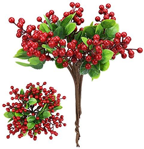 Felice Arts 6 Pack Christmas Picks Artificial Red Berry Stems Fake Holly Berries for Xmas Tree Ornaments DIY Wreath Vase Fireplace Decor