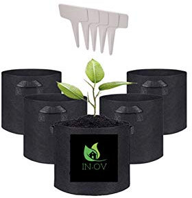 IN-OV Lot de 5 Pots en Tissu pour Plante avec Poignées - Sacs de Plantation Non Tissés 3, 5, 7, 10 Gallons - Jardinière avec 5 Étiquettes (5 Gallons)