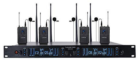 Sound Town 200 Channels UHF Wireless Microphone System with Metal Rack Mountable Receiver, 4 Lavalier Mics, 4 Bodypack Transmitters and Auto Scan, for Church, School, Meeting (NESO-SU4LL)