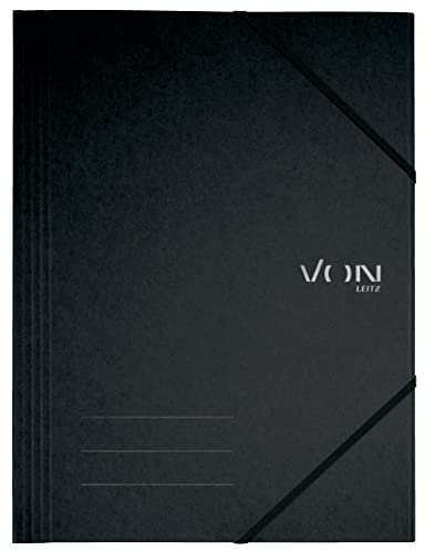 VON Leitz 30080095 Pack of 5 A4 Folder with Elastic Closure, Flexible Cardboard, for 150 Sheets, Silver Print, Lightweight Folder for School and Home, Black