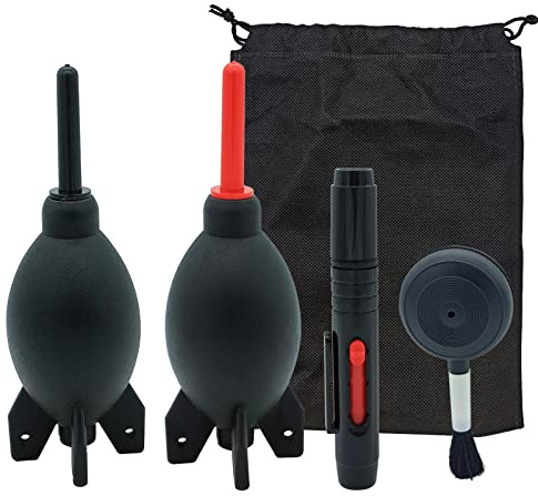 Linsrengöringssats innehåller 2 st gummiraket luftblås dammtrasa, linsrengöringspenna, fläktborste dammrengörare och bärpåse, för lins, kamera, SLR, teleskop, förstoringsglas, telefon