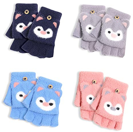 Bekecidi 4 Paires de Gants Sans Doigts pour Enfants, Gants Thermiques à Rabat, Gants à Rabat Sans Doigts, Gants Demi-Doigts Tricotés, Mitaines Chaudes D'hiver pour Garçons et Filles de 5 à 10 Ans