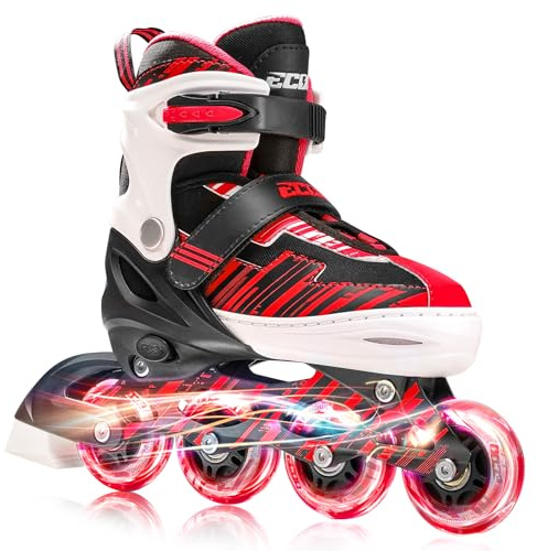 ECOO Adjustable Inline Skates Boys and Girls with Light up Wheels，Roller Skates for Kids Ages 4-12, Teen Skates for Beginner Outdoor and Indoor (Red, Large-Youth（3-6 US）)