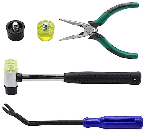 Hmknana 5PCS Upholstery Tools Kit - Dual Head Soft Rubber Mallet Hammer with 2PCS Replacement Head, Nail Tack Remover Tool & Removal Pliers for Furniture Floor Jewelry Craft Project etc
