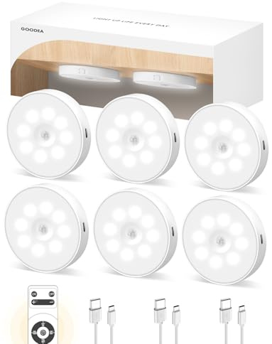 GOODEA Led Under Cabinet Lighting, Motion Sensor Light Indoor, 1000mAh Puck Lights with IR Remote, Rechargeable Under Counter Lights for Kitchen,Cabinets,Closet,Stairs Indoor (6 Pack)